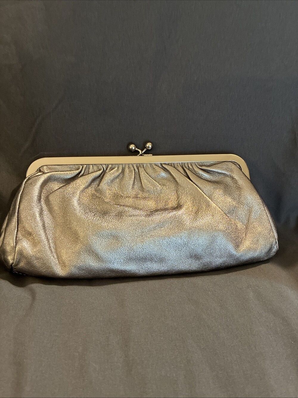 Express Silver Metallic Clutch Purse Kiss Closure Leather Vintage Evening